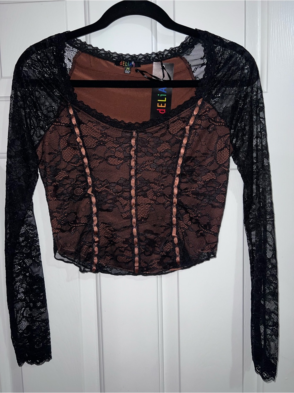 dELiA*s Black Lace Overlay Crop Top with Brown Underlay
